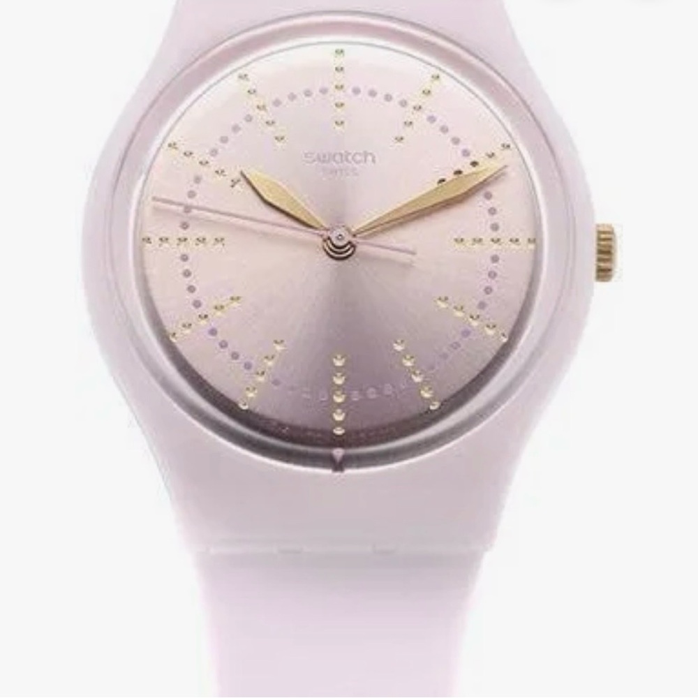 Swatch GUIMAUVE GP148 Watch w/ Metallic Face & Light Pink Silicone Strap